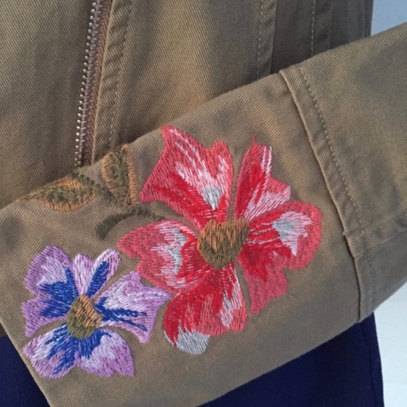 Jealous Tomato Khaki Moto Jacket With Floral Embroidery Large - Picture 5 of 6